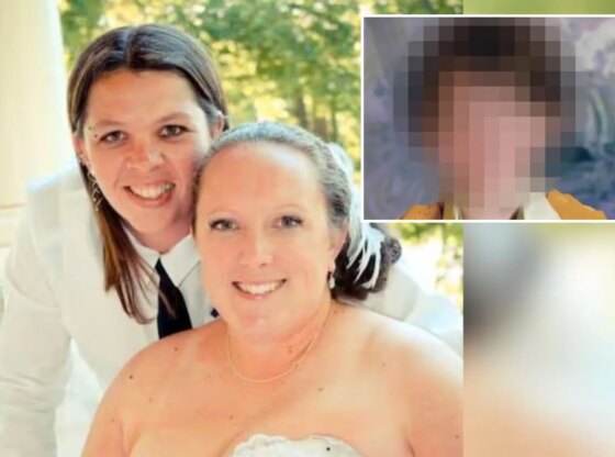 An image collage containing 2 images, Image 1 shows Smiling photo of two women, one in a white shirt and black tie and the other in a strapless white gown, Image 2 shows Pixellated image of a boy in a yellow shirt and orange vest with embroidered blue flowers