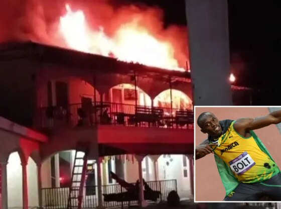 An image collage containing 2 images, Image 1 shows Tracks and Records Montego Bay restaurant on fire at night, Image 2 shows Usain Bolt celebrates with Justin Gatlin after winning the men's 100m final