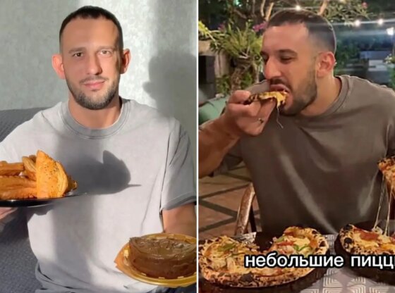 An image collage containing 2 images, Image 1 shows A man holds a plate of pastries in one hand and a chocolate cake in the other, with the text "10,000-calorie diet" on the screen, Image 2 shows Dmitry Nuyanzin eating pizza, with two more pizzas on the table, to gain weight for a weight-loss program