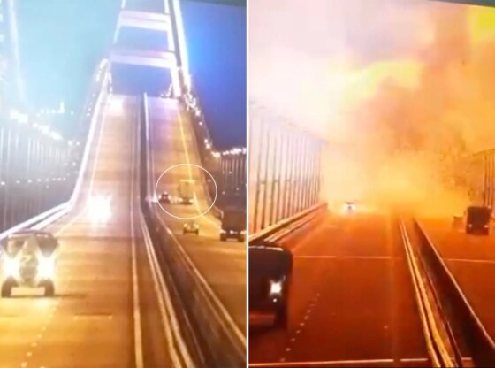 An image collage containing 2 images, Image 1 shows Surveillance video of the Crimean Bridge with cars and trucks, including a large white truck circled in white, captured moments before the explosion, Image 2 shows The moment of the Crimean Bridge explosion