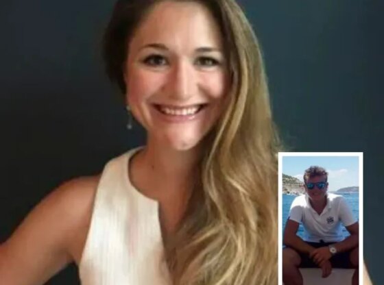 An image collage containing 2 images, Image 1 shows Headshot of a smiling woman with long brown hair, wearing a white top, Image 2 shows A young man in a white polo shirt and sunglasses sits on a boat with the sea and distant land behind him