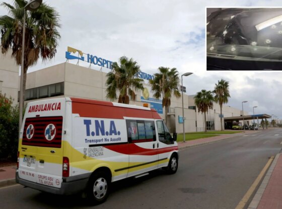 An image collage containing 2 images, Image 1 shows Torrevieja Hospital, where a British man was treated after being shot, Image 2 shows Bullet holes in a car's windshield and side window
