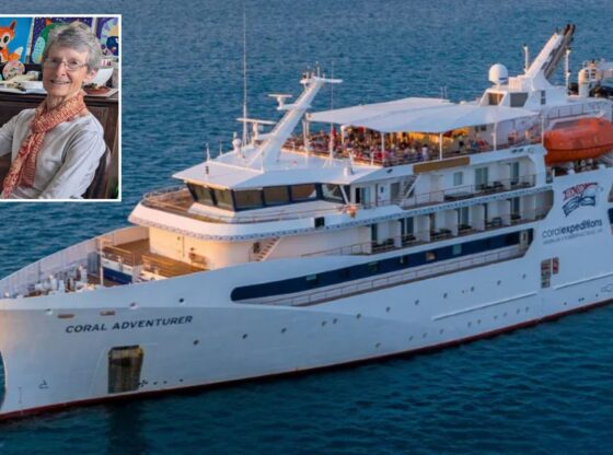 An image collage containing 2 images, Image 1 shows The Coral Adventurer cruise ship on the water, Image 2 shows Suzanne Rees posing for a photograph in Australia