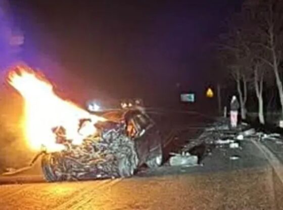 An image collage containing 1 images, Image 1 shows A fiery car crash on a dark road with debris scattered and a person standing nearby