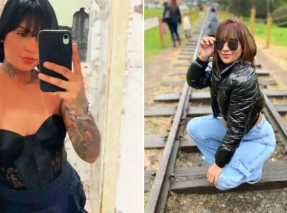 An image collage containing 2 images, Image 1 shows Taynara Souza Santos taking a mirror selfie, Image 2 shows Taynara Souza Santos poses on train tracks