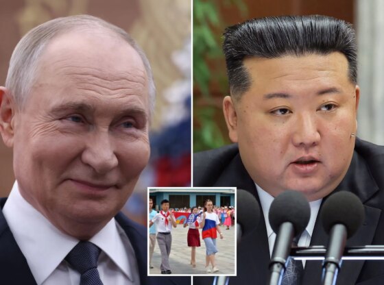 An image collage containing 3 images, Image 1 shows Russian President Vladimir PutinParticipates In A Volunteers Forum In Moscow, Image 2 shows China North Korea, Image 3 shows Two male students and two female students marching with flags, with a crowd of people in the background
