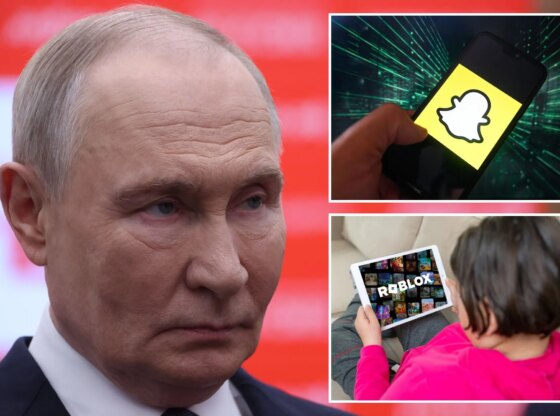 An image collage containing 3 images, Image 1 shows Russian President Vladimir PutinParticipates In A Volunteers Forum In Moscow, Image 2 shows In this photo illustration, a SnapChat logo is displayed on, Image 3 shows Little girl playing Roblox on a tablet