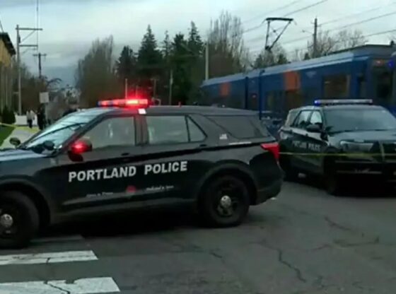 Two Portland Police cars with flashing lights on a street next to a blue train.