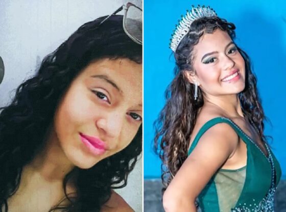 An image collage containing 2 images, Image 1 shows Soffia Del Valle Torrealba Ramos, 15, poses in an undated photo, Image 2 shows Soffia Del Valle Torrealba Ramos, 15, poses in an undated photo, wearing a tiara and green dress with embellishments