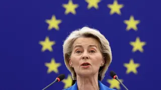 European Commission President Ursula von der Leyen addresses the European Parliament in Strasbourg.