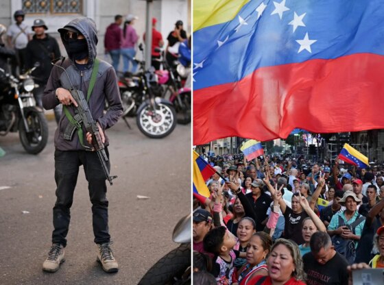 An image collage containing 2 images, Image 1 shows Aftermath of U.S. strikes in Venezuela, Image 2 shows Members of the Colectivos militia group march in Caracas, Venezuela, holding a large Venezuelan flag to demand the release of President Nicolás Maduro