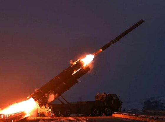 A projectile flies through the air during a day in which North Korean leader Kim Jong Un supervised a long-range strategic cruise missile launch exercise.
