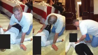 Montage where Prince Andrew appears on top of a defenseless young woman, among the millions of declassified files of the pedophile Jeffrey Epstein.