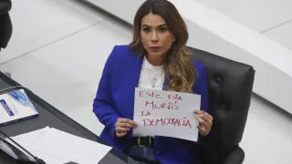 The deputy of the Nationalist Republican Alliance (Arena), Marcela Villatoro, holds a sign against the constitutional reform.