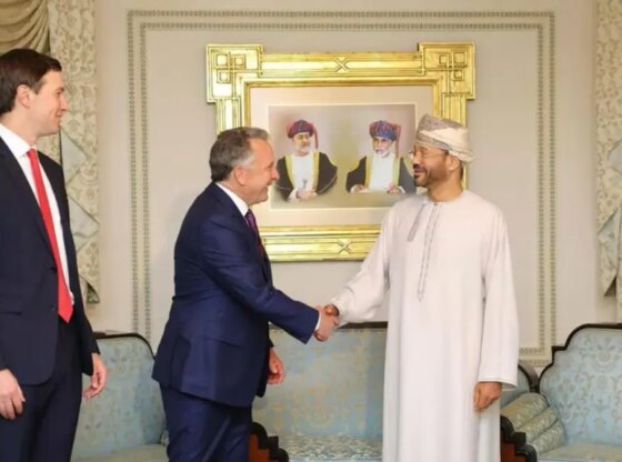 Middle East special envoy Steve Witkoff, with Jared Kushner, shakes hands with Omani Foreign Minister Sayyid Badr bin Hamad Al Busaidi on Friday, ahead of high-level talks with Iran in Oman.