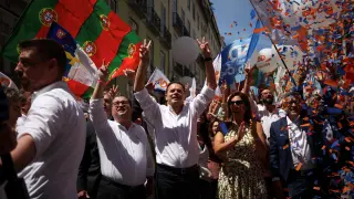Luis Montenegro, Prime Minister and leader of the Social Democratic Party (PSD), gestures during a rally of the AD coalition, ahead of Sunday's early elections, in Lisbon, Portugal, on May 16, 2025.