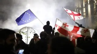 Opposition and supporter protesters of the European Union during a demonstration in front of the parliament in Tbilisi, Georgia.